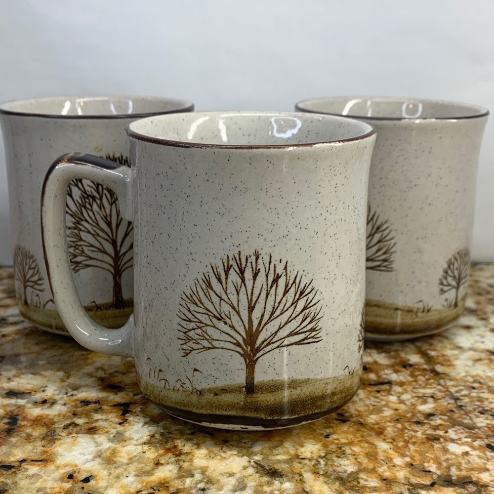 Set of three Tree Design Ceramic Mugs - Cream and Brown